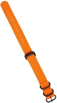Pasek do zegarka NATO 008 w pomarańczowym kolorze z czarnymi sprzączkami. Nylonowy, parciany, długość 27 cm, szerokość 20 mm. Sportowy i nowoczesny wygląd dla Twojego zegarka.2.jpg